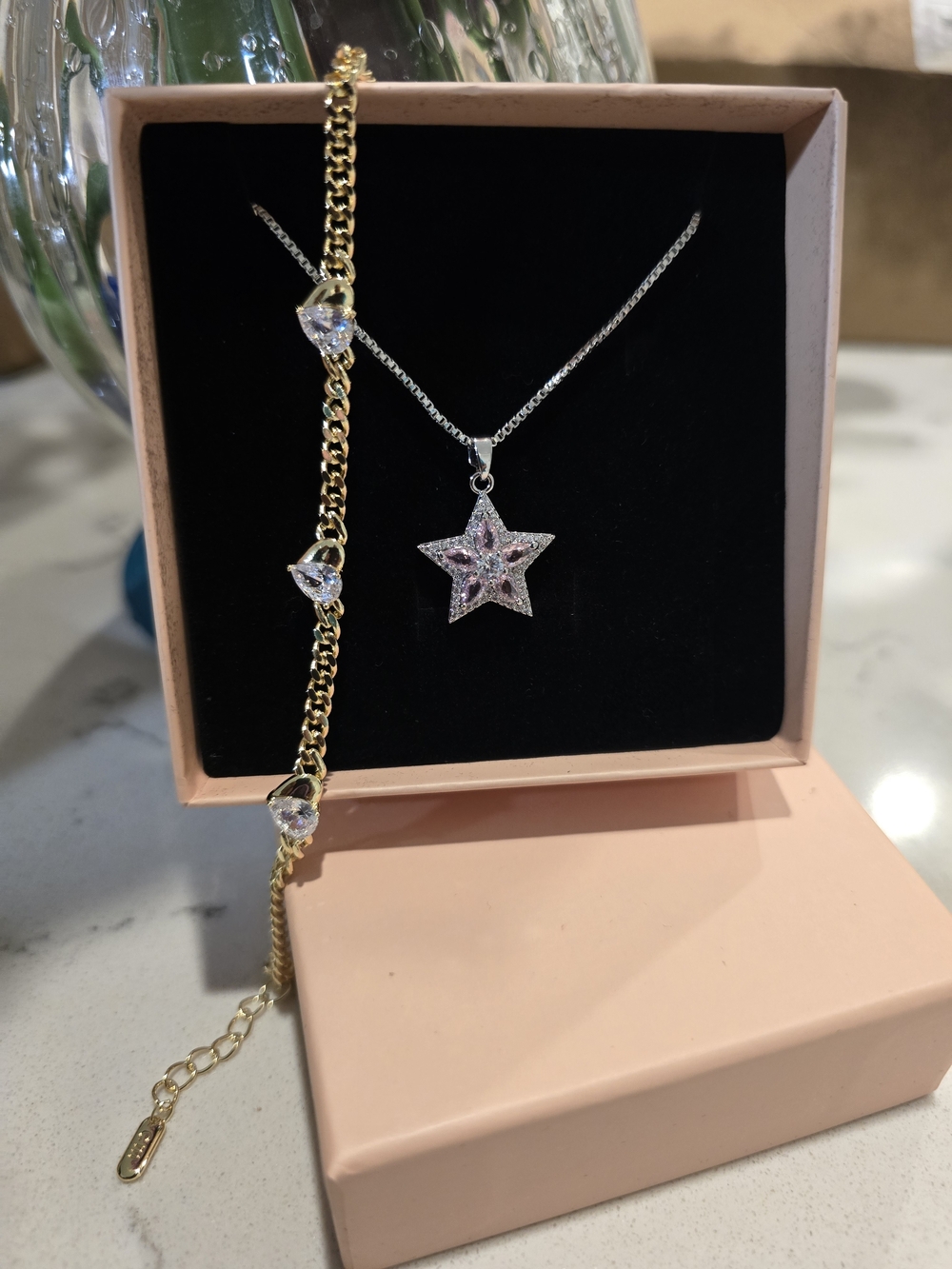 Gold and Silver Star Pendant Necklace and Gold Bracelet Set